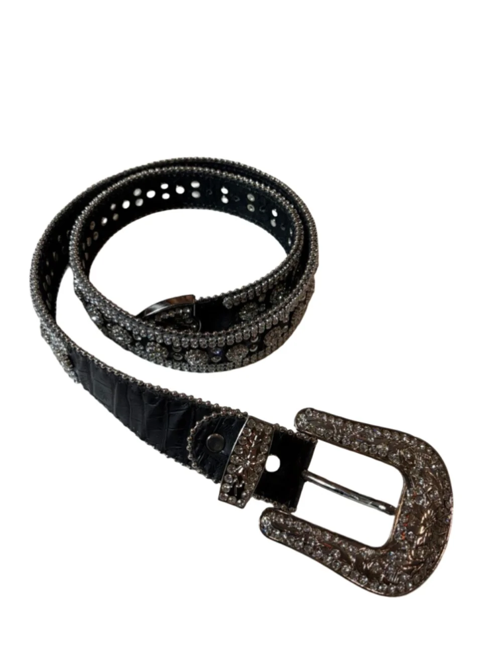Y2K Rhinestone Western Croc Embossed Statement Belt Size L/G